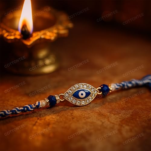 Image of King Kalai Rakhi for Brother with Coaster, Kumkum & Chawal | Traditional Beaded Thread Rakhi with Royal Kalai Thread | Raksha Bandhan Gift Hamper