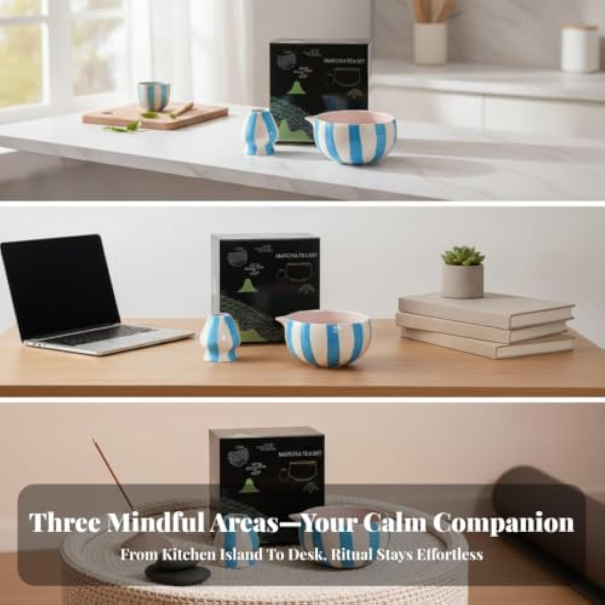 Hand-Painted Matcha Tea Set, Blue-White Stripe