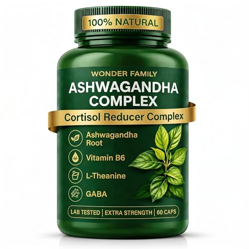 WONDER FAMILY Ashwagandha Complex Cortisol Reducer 800mg with GABA, L-Theanine & B6 – 400mg Ashwagandha per Day - Adaptogenic Support for Calm, Focus & Mood – 60 Capsules Lab-Tested