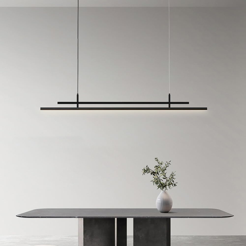 Klobvtt Minimalist LED Pendant Light Dimming Linear Chandelier Ceiling Lamp Dining Table Lighting Bar Black Hanging Chandeliers for Living Room Kitchen Island with Remote Control