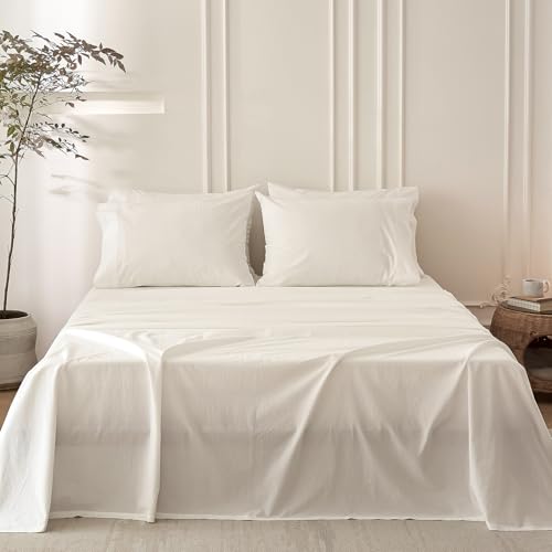 BDEAR 6PS Off White Queen Size Bedding Sheet Set, 100% Washed Cotton