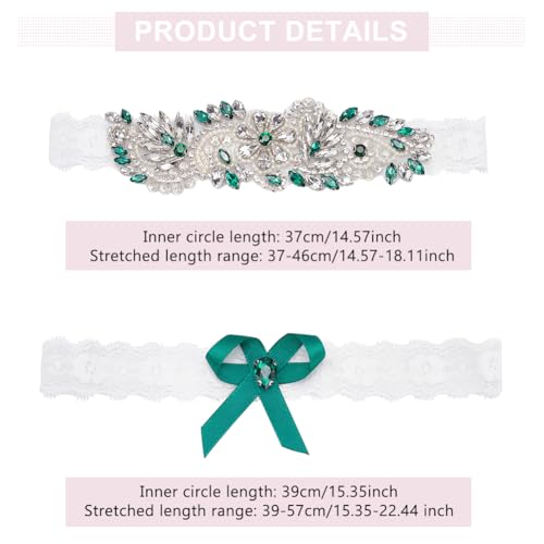 WEBEEDY 2 Pcs Lace Bridal Garter Rhinestone Wedding Bridal Garter Set Rhinestone Green Sexy Leg Garters for Wedding Stretch Bridals Garters Sets with Rhinestones2