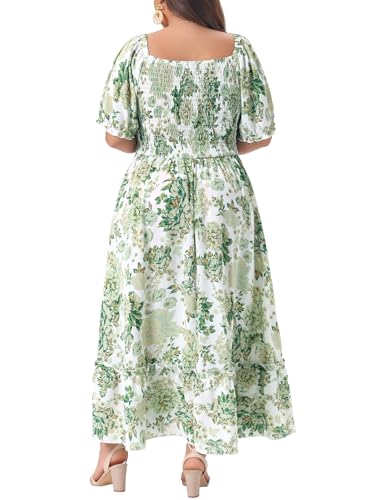 Image of Agnes Orinda Plus Size Dress for Women Short Sleeve Shirred Square Neck Floral Maxi Long Dresses