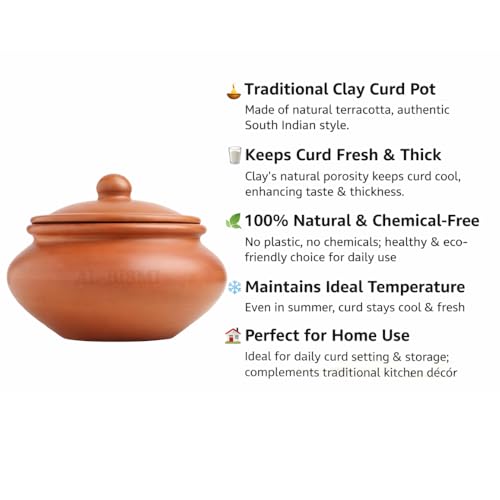Image of AL-BISMI 1.3 Liter Chini Mitti Ke Bartan Clay Cooking Pot with Lid, Earthen Curd Pot, Biryani Handi, Curd Maker