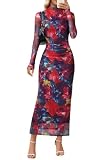 MEROKEETY Women's Long Sleeve Fall Wedding Guest Dress 2025 Bodycon Floral Mesh Ruched Cocktail Maxi Dresses, Neon, L