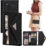 Ephoou Funda tipo cartera de piel sintética con tapa para Samsung Galaxy A55 con tarjetero para mujer, cordón ajustable y cremallera para Samsung Galaxy A55, color negro