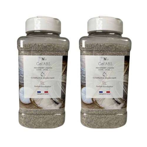 TECH N'FAST Poudre absorbante gelifiante eau vomi, urine, solidifiant et désodorisant - Parfum Eucalyptus - Idéal pour l'urine de chat et chien - Lot de 2...