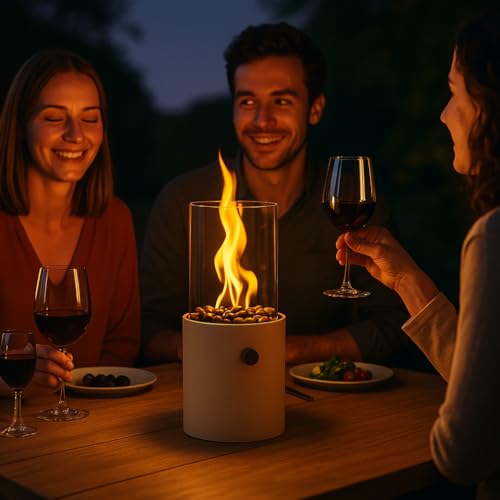 TOM Innovation XXL Gas Tischkamin - 12 Stunden Brenndauer für Indoor & Outdoor – Tisch Kamin Set– Tischfeuer mit Deko-Steinen – Plus 3X 190 g...