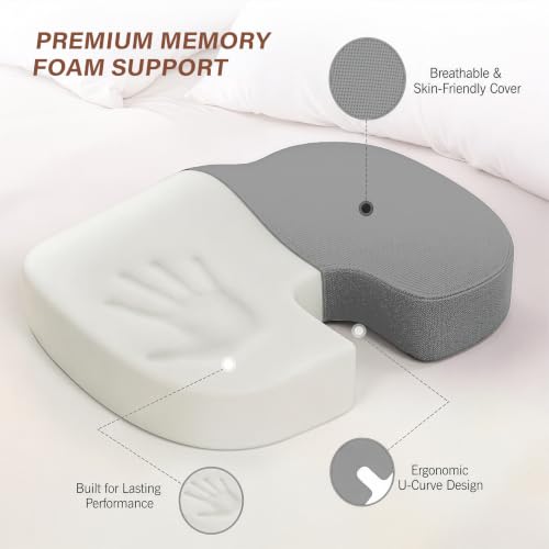 Image of Orthopedic Memory Foam Coccyx Seat Cushion for Tailbone Pain Relief | Hip & Back Support | Sciatica & Piles Relief | Non-Slip Bottom | Office /Home Chair & Car | Grey Mesh Cover | 2 Year Warranty