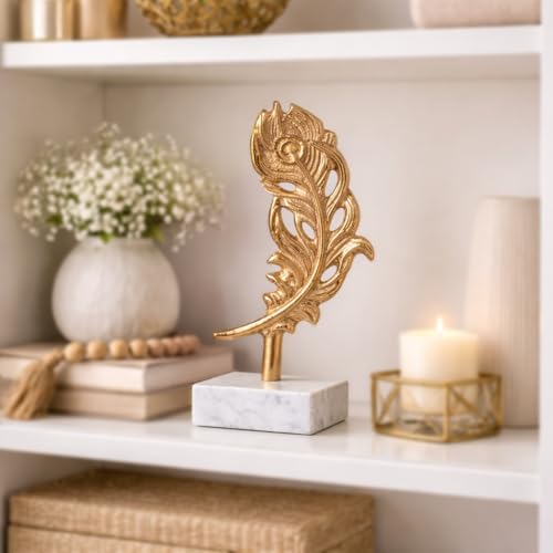 Image of CraftVatika Decorative Showpiece for Home Decor, Home Decoration Items for Living Room, Metal Golden Feather for Tabletop Office Decor Birthday Wedding Housewarming for Woman Man