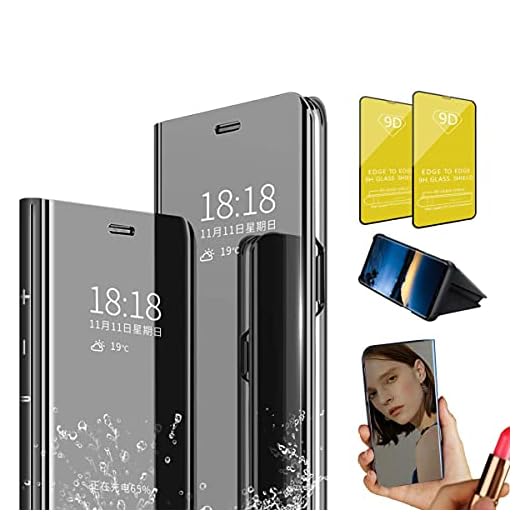 Jtailhne Kompatibel med skal Samsung Galaxy S6 Edge +, spegel skyddande hölje makeup, stående fodral, läder skyddshölje, flippfodral reptålig stötfångare skydd Svart+2 x skärmskydd