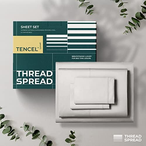 THREAD SPREAD Cooling 100% Tencel Lyocell Bed Sheets Set 4PC- Cool Breathable Extra Soft Sheets - Natural Silky Material, Moisture Wicking - Softest Cooling Eucalyptus Sheets (Silver, King)