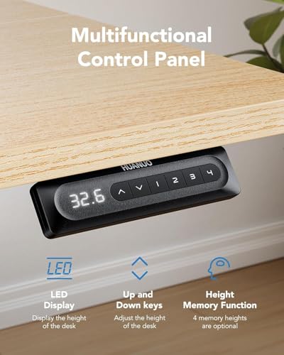HUANUO 55" x 24" Electric Standing Desk Adjustable Height, 4 Memory Height Settings, Headphone Hook, Cable Manager, Sit Stand Up Desk for Home Office & Computer Workstation, Natural