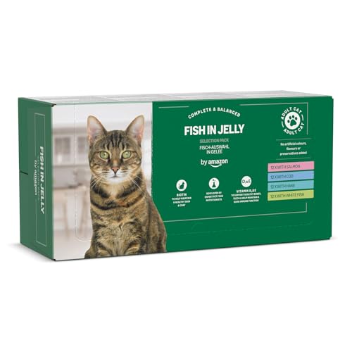 by Amazon Katzenfutter, nass, getreidefreies, für ausgewachsene Katzen, Fisch-Auswahl in Gelee, 4,8 kg (48 Packungen à 100 g)