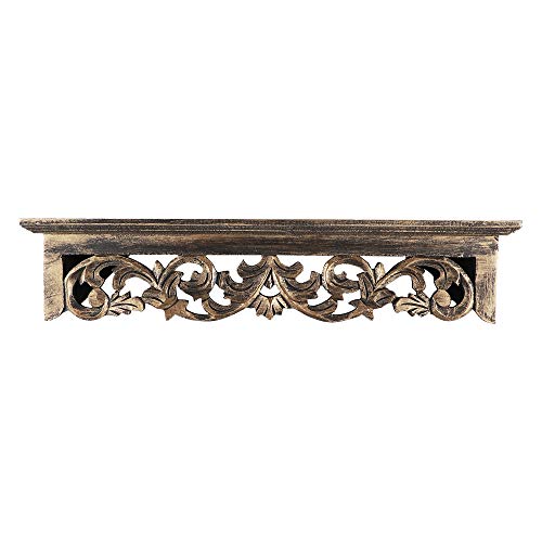 Image of THE URBAN STORE Shelf Wooden Wall Mounted Distressed Gold Color 60 x 15 X 12 CM Pack of One French Country Style Elegantly Floral Hand Crafted for Home and Office Decor TUSSLF06
