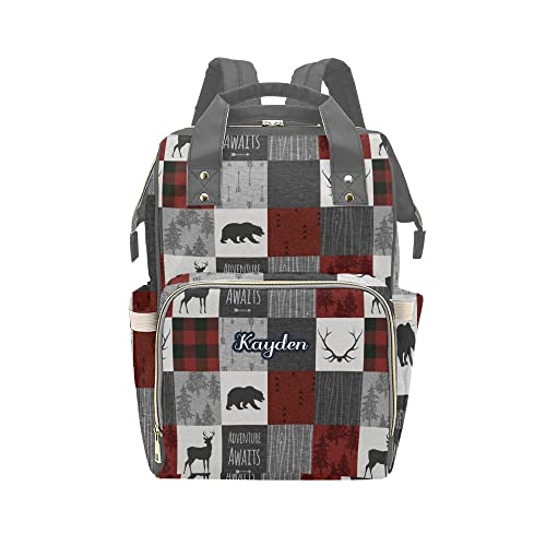 Grandkli Faux Patchwork Forest Deer Personalized Diaper Bag Backpack with Name,Custom Tote Bag Travel DayPack for Nappy Mommy Baby Boy Girl, One Size