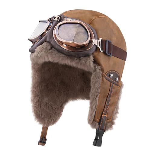 Peicees Leather Aviator Hat and Goggles Pilot Cap with Vintage Goggles- Winter Fur Hat with Earflaps Pilot Costume Adult Kids Brown