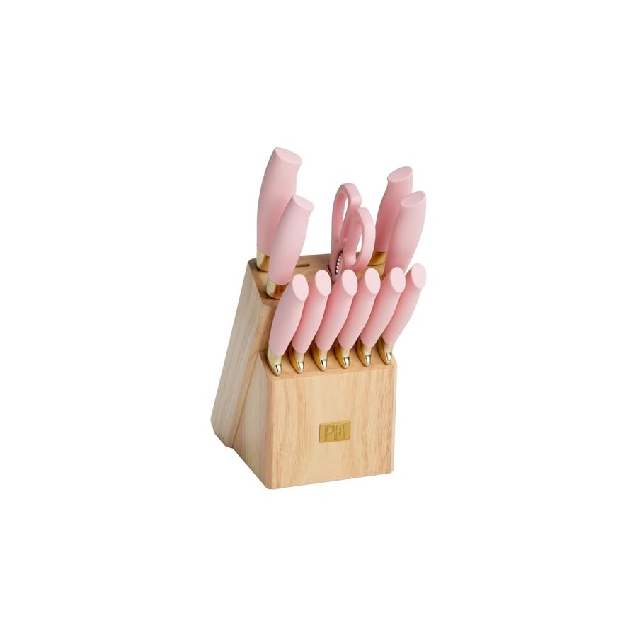 Paris Hilton 12-Piece Knife Set with Block, High-Carbon Stainless Steel Cutlery, Precision Blades and Ergonomic Handles, Pink