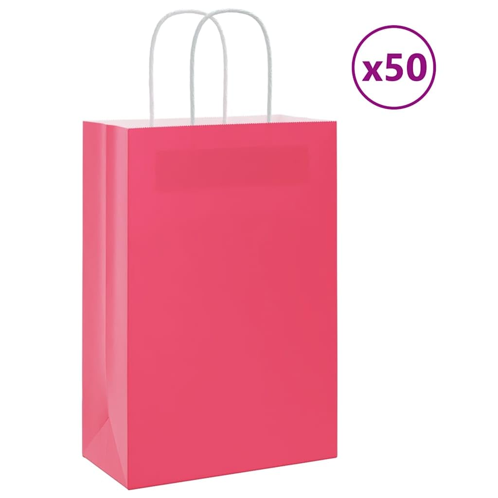 QUAHEAS Lot de 50 sacs cadeaux en papier kraft rose - 21 x 11 x 31 cm - Avec poignées en corde - Pour fête, anniversaire, mariage, Noël, Pâques, festival, événement, cadeau, emballage