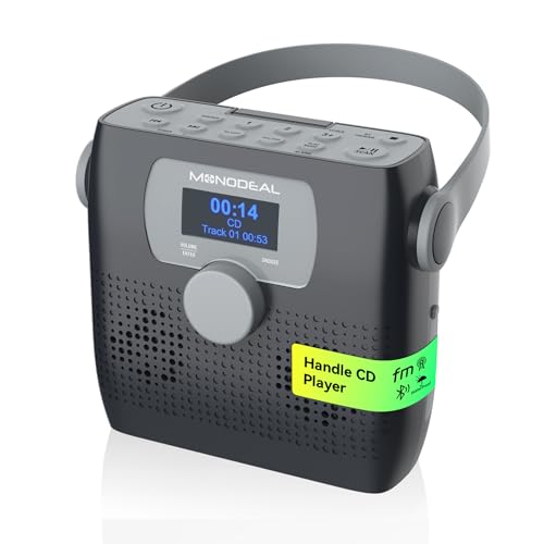 CD Player Portable,MONODEAL Bluetooth Boombox CD Player with Speakers,Portable FM Radio for Camping& Travel(Favourite Memory,LED,Waterproof,Clock,Alarm Timer,USB,Headphone Jack,6W) Dark Gray
