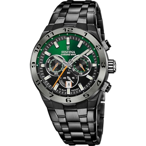 Festina Montre Homme Analogique en Acier Inoxydable 316L Noir - Mouvement Quartz - Chronographe - Calendrier - Verre Minéral Haute Résistance - Étanche 10 ATM...