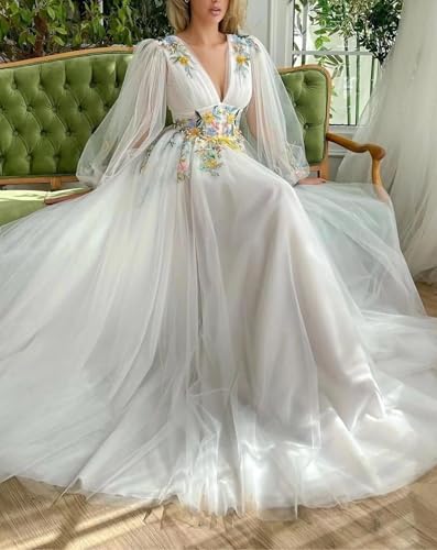 Tulle Puffy Sleeve Prom Dresses Flower Embroidery Formal Gowns Long Sleeves V Neck Evening Party Gown with Slit4