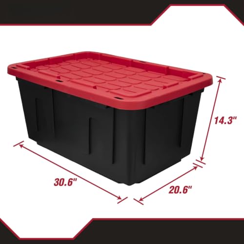 Image of Storage Bins 27 Gal Stackable with Lids 6 Pack for Garage Basement | Stackable with Lockable Lid Option - Secure stacking design with tie-down holes for zip-ties or padlocks.