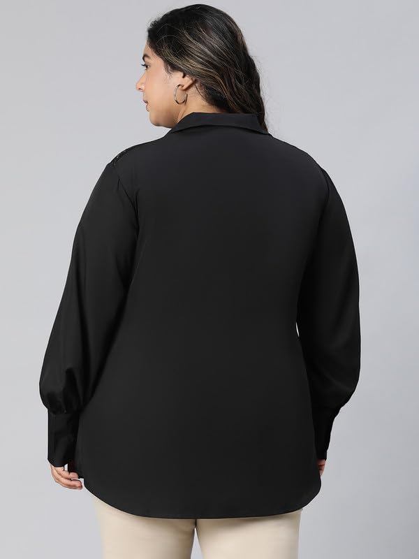 Image of oxolloxo Women Plus Size lace Detailed Collared Long Sleeve Shirt