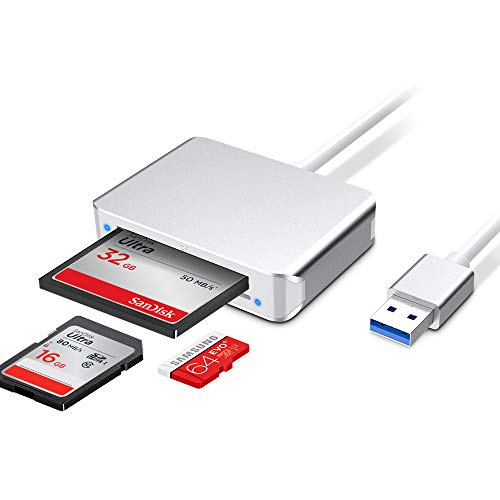 USB 3.0 SD Card Reader,Rocketek Aluminum 3-Slot Memory Card Reader Adapter for SD/TF Micro SD/Micro SDHC/MD/MMC/SDHC/SDXC UHS-I/Compact Flash(CF) Memory Card on Windows&Mac&Linux OS