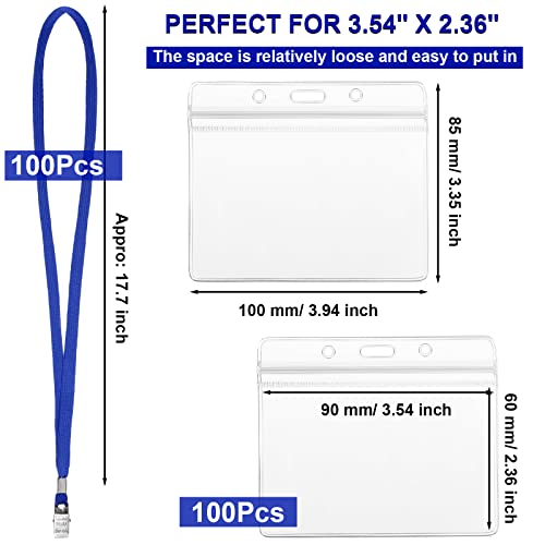 Image of Marspark 100 Sets Clear Name Tags with Lanyard, Lanyards for ID Badges Reusable Strap with ID Holder Plastic Name Badges for Adults Business School Church Conference (Blue)
