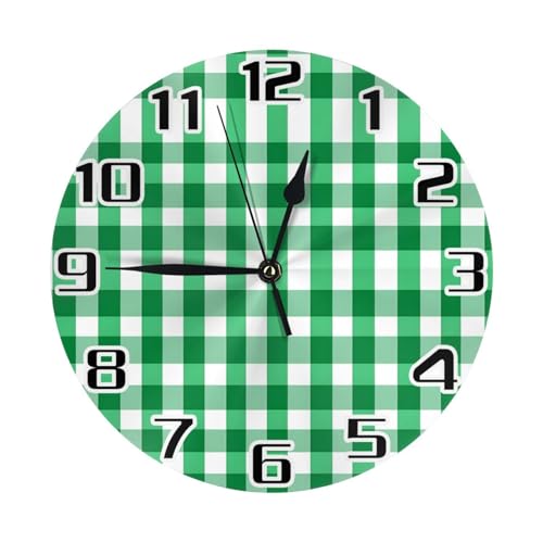 Mexpekil Reloj de pared redondo a cuadros verdes, silencioso, sin tictac, funciona con pilas, para cocina, sala de estar, dormitorio, escritorio, 25 cm