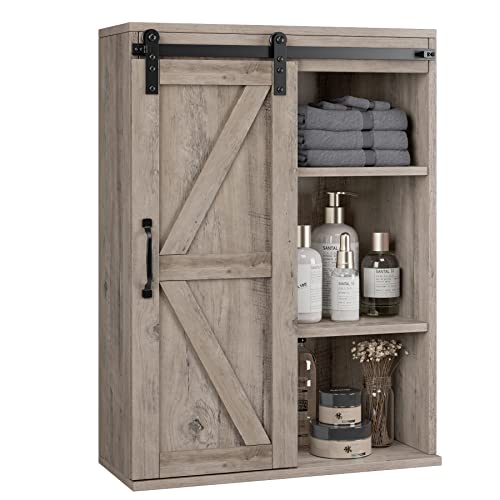 Hostack Wall Mounted Storage Cabinet, Farmhouse Medicine Cabinet With Sliding Barn Door And Adjustable Shelf, Wood Vintage Cabinet For Bathroom, Kitchen, Living Room, Grey #TOP18