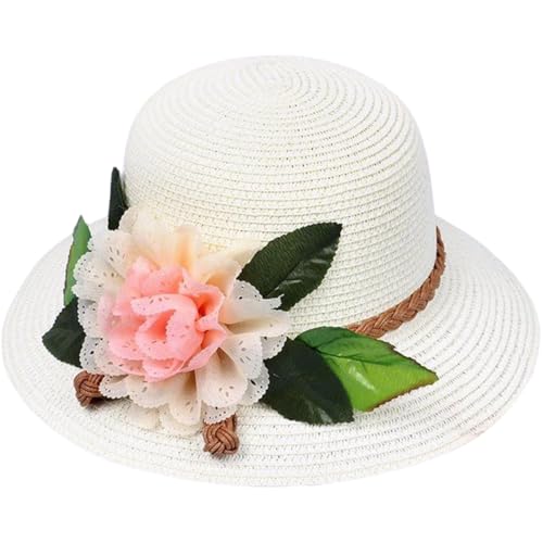 Women Sun Hat, Straw Panama Hat Fedora with Flower Decor for Beach Party, White
