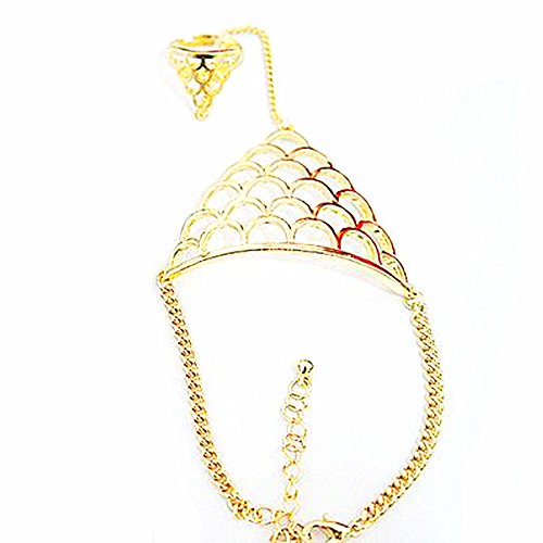 ChineOn Retro Fashion Metal Chain Fish Scale Shape Bracelet With Ring Band Party Show(Gold)