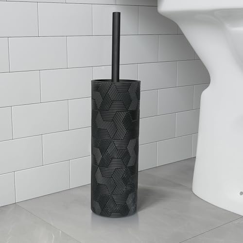 Image of Matte Black Geo Design Resin Toilet Bowl Holder and Brush Set, Stylish Geometric Design with Durable Bristles, Compact and Modern