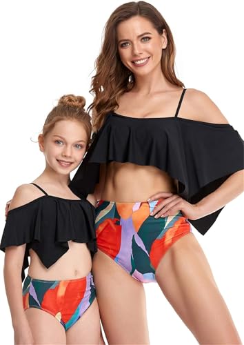 Mommy and Me Swimsuit Off Shoulder Ruffle Two Piece High Waisted Bikini Set Family Matching Swimwear4
