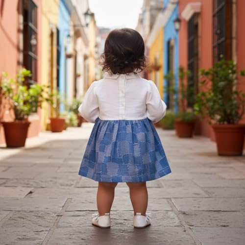 Image of Pure Cotton Baby Girl Denim Frock with attached White shirt | Soft, Elegant & Perfect for Every Occasion