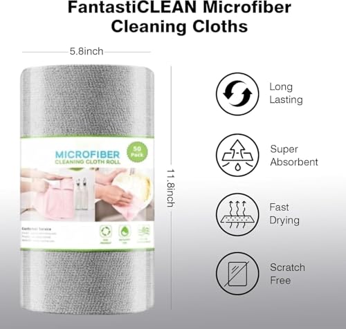 Image of Microfiber Cleaning Cloth Roll 25x25 cm, Reusable and Washable Tear-Away Kitchen Towel Roll, Very Soft Cleaning Cloths for Home, Kitchen, Office, Car Cleaning (Gray) (Pack of 50)