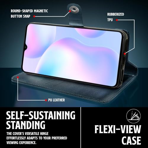 Image of WOW IMAGINE Shock Proof Flip Cover Back Case for Xiaomi Mi Redmi 9A | 9i | 9A Sport (Magnetic Button Flip Case | Wallet Pockets & Stand | Leather Finish | Oxford Blue)