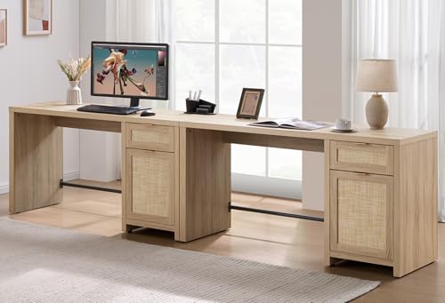 Image of SICOTAS Rattan Home Office Desk with Drawer & Storage, Executive Desk | 59 inch Large Boho Farmhouse Computer Table Vanity Desk for Office, Study, Living Room, Dining Room