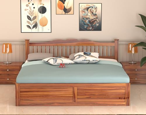 Image of Solid Sheesham Wood King Size Bed with Box Storage for Bedroom Living Room Home Hotel Wooden Double Bed Cot Palang Home Furniture (Honey Finish)