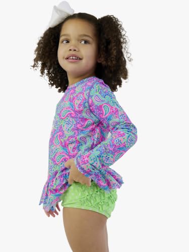 Image of RuffleButts Baby /Toddler Girls Scalloped Long Sleeve Rash Guard 2-Piece UPF50+ Sun Protected Swimsuit