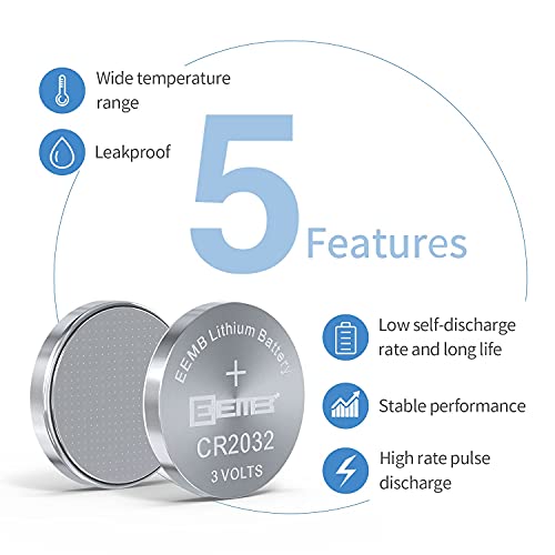 Eemb 5Pcs Cr2032 Battery 3V Lithium Battery Li-Mno₂ Button Battery 2032 Battery Dl2032,Ecr2032,Lm2032 For Key Fob,Car Remote,Glucose Monitor,Pet Collars,Watches,Garage Door,Candle Light #TOP5