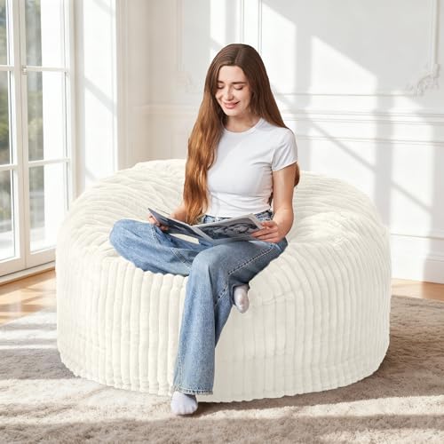 Image of HABUTWAY 3FT Bean Bag Chair, 3' Large Bean Bag Chairs for Adults with Stripe Plush Cover, Memory Foam Beanbag Chair for Living Room Bedroom Dorm,White