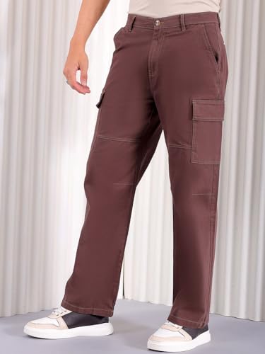 Image of The Indian Garage Co Men Relaxed Fit Solid Mid-Rise Stretchable Cargos