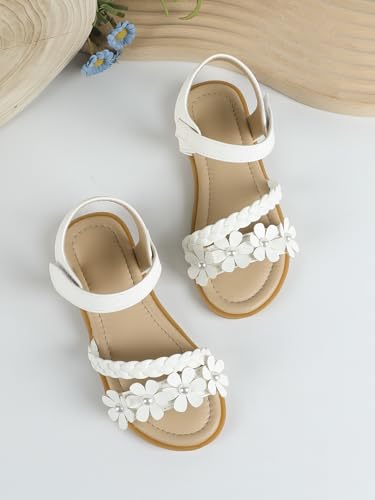 Image of OYOANGLE Girl's Flower Decor Braided Flat Sandals Open Toe Ankle Strap Dressy Sandals White CN33, 4.5 Big Kid