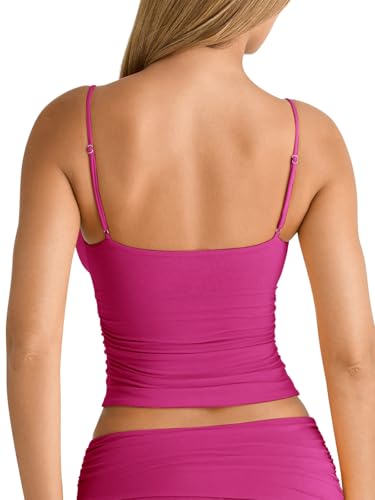 Image of PINKMSTYLE Women's Sexy V Neck Ruched Cami Top Sleeveless Spaghetti Double Layer Fitted Crop Tank Tops