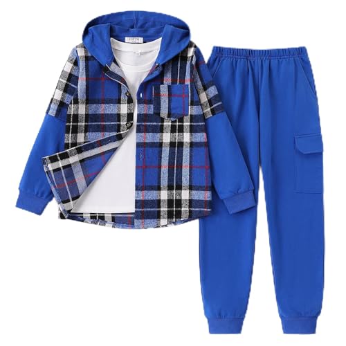 Image of 2Pcs Boys Clothes Sweatsuit Set Hoodie Flannel Plaid Shirt and Jogger Pants for Kids Fall Winter Spring Outfits