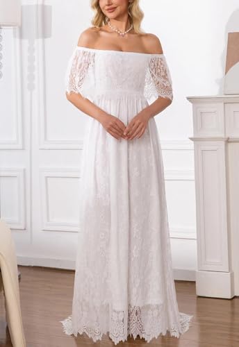 Image of HOYISHION Women's Off The Shoulder Floral Lace Maxi Dress White Bridesmaid Wedding Party Maternity Photoshoot Long Dresses
