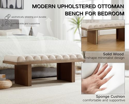 CIMOTA Modern Bedroom Bench, 47 Inch Upholstered End of Bed Bench Padded Entryway Bench with Cylindrical Cushion/Wood Legs, Wooden Window Bench for Living Room/Hallway, Linen Beige - image 6